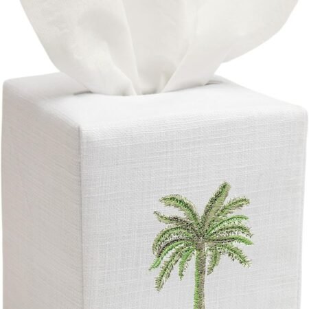 Square Linen Cotton Fabric Tissue Box Cover Decorative Cloth Tissue Holder Cube Cover with Palm Tree Pattern for Home Bedroom Bathroom Office