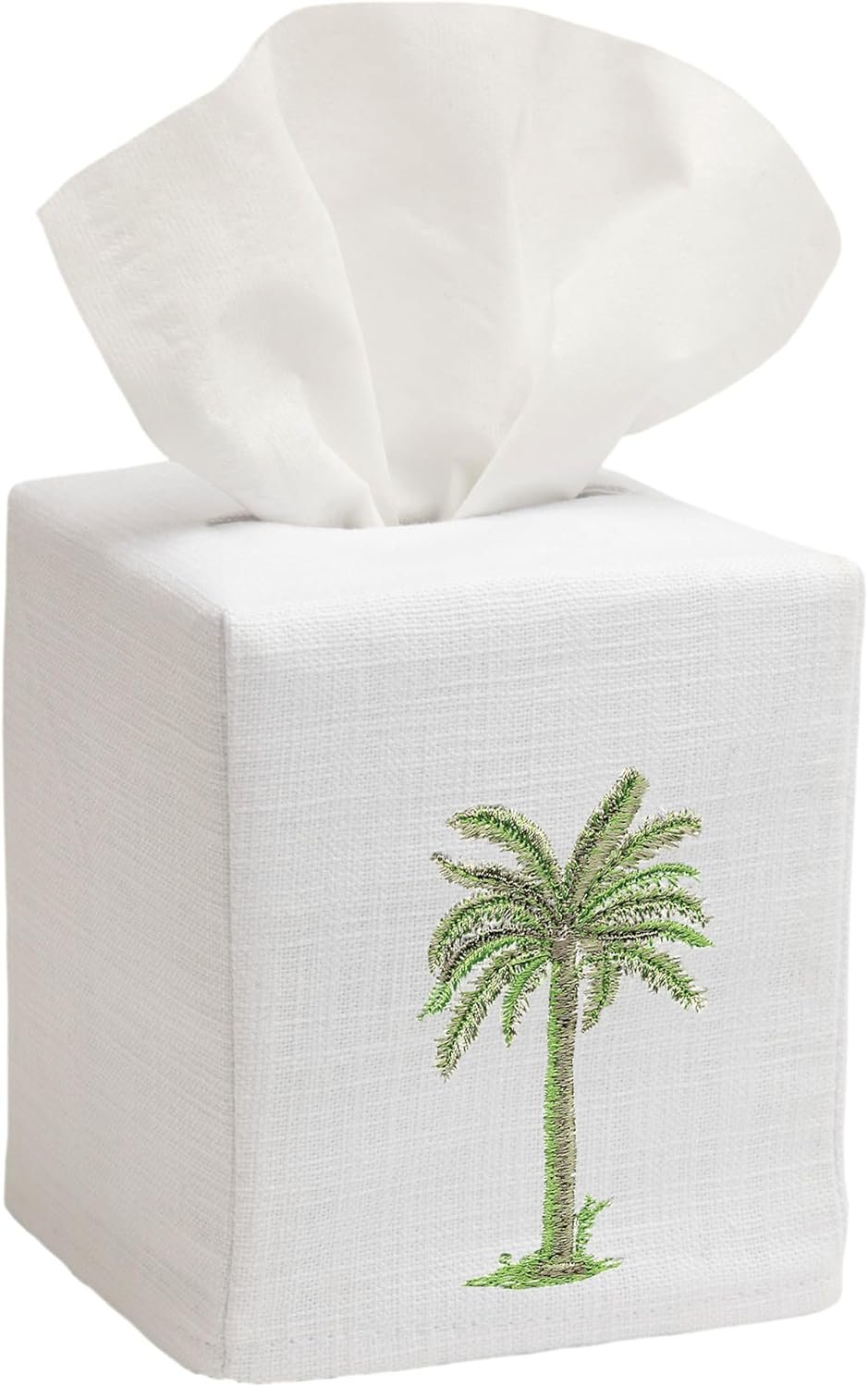 Square Linen Cotton Fabric Tissue Box Cover Decorative Cloth Tissue Holder Cube Cover with Palm Tree Pattern for Home Bedroom Bathroom Office