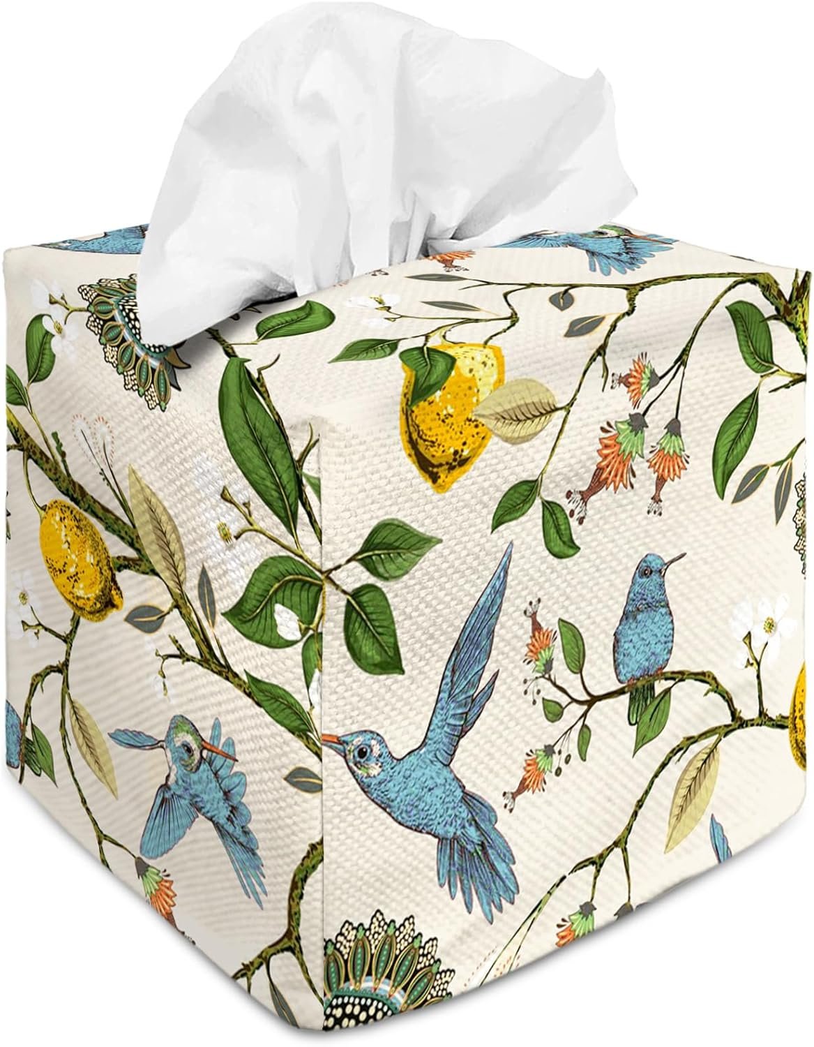 Blue Bird Pattern Square Tissue Box Cover Cute Decorative Cube Tissue Holder Case Cover for Bedroom Bathroom Living Room