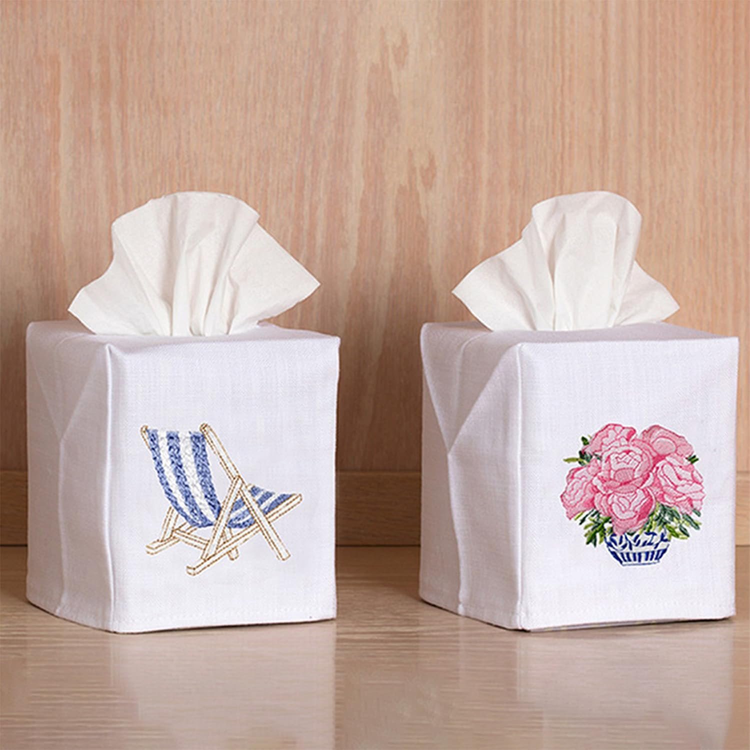 Square Linen Cotton Fabric Tissue Box Cover Decorative Cloth Tissue Holder Cube Cover with Floral Pattern for Bedroom Bathroom Office Home Decor - Image 2