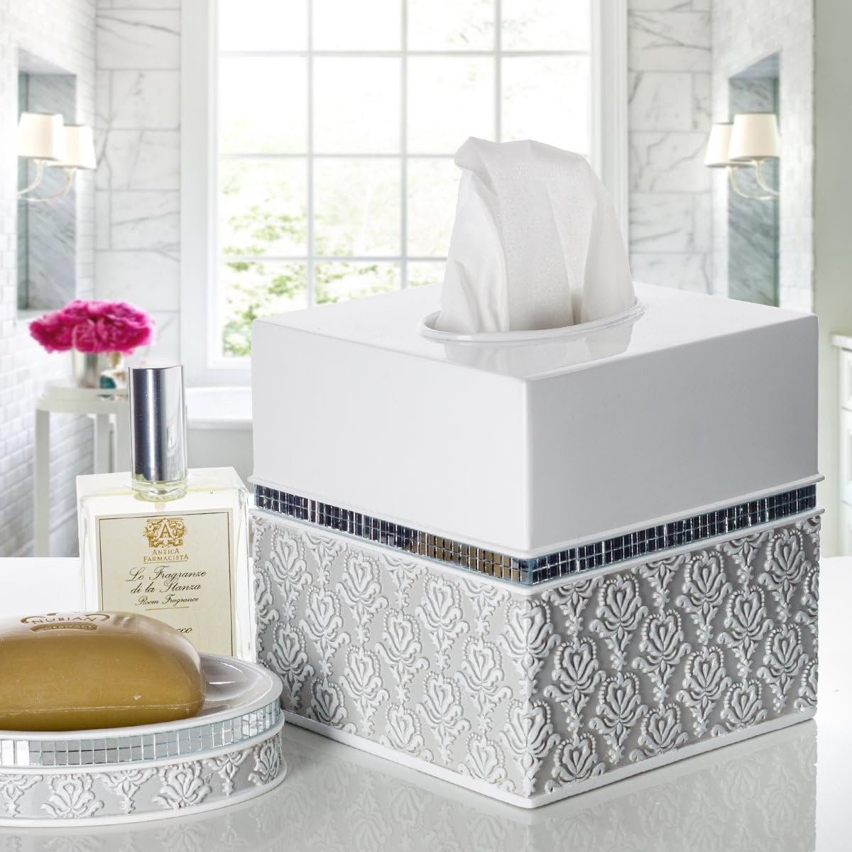 White Gray Square Resin Tissue Box Cover with Bottom Slider Decorative Tissue Holder for Bathroom Bedroom Living Room Office - Image 2