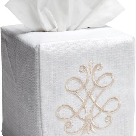Square Linen Cotton Fabric Tissue Box Cover Decorative Cloth Tissue Holder Cube Cover with Scroll Pattern for Home Bathroom Bedroom Office Beige