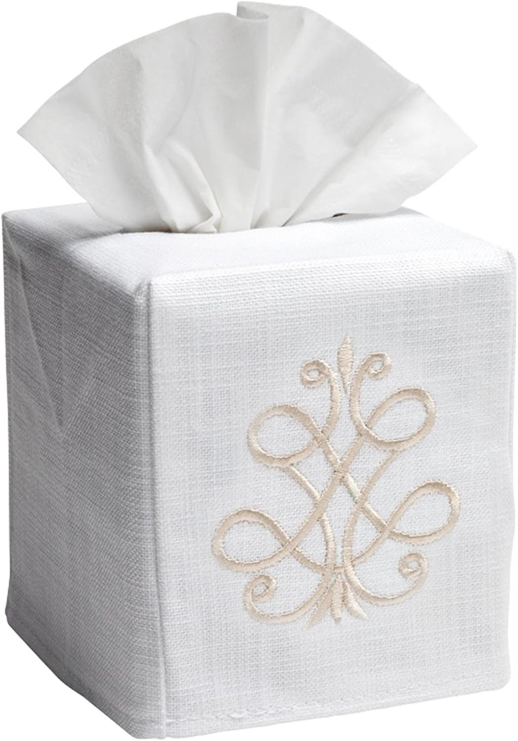 Square Linen Cotton Fabric Tissue Box Cover Decorative Cloth Tissue Holder Cube Cover with Scroll Pattern for Home Bathroom Bedroom Office Beige