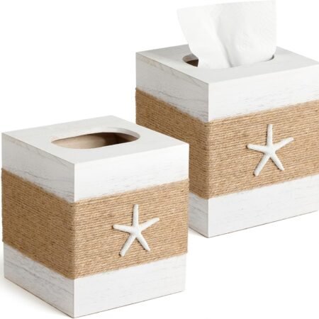 2 Pack White Wooden Square Tissue Box Cover with Sliding Bottom Panel Decorative Tissue Holder for Bathroom Living Room Bedroom Desk