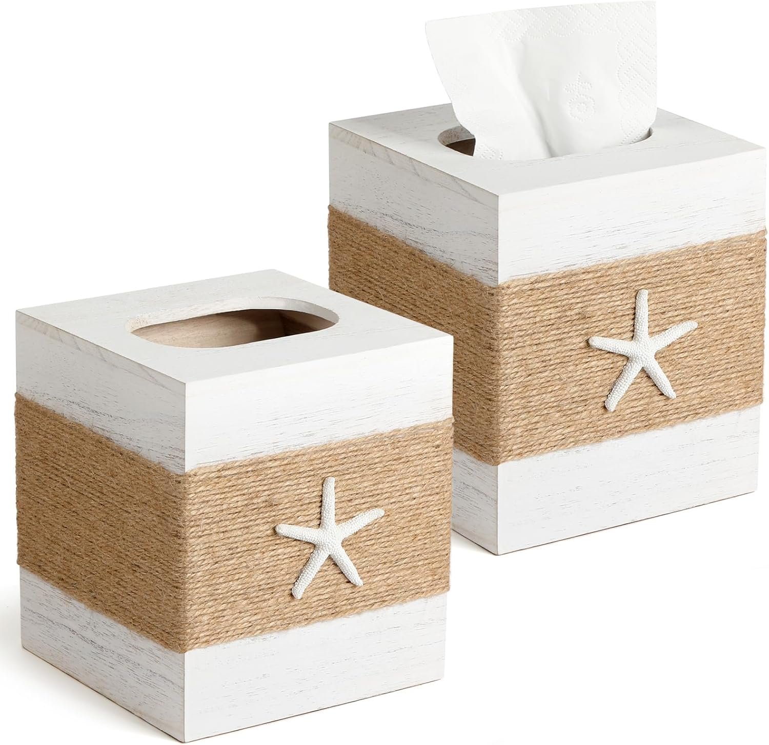 2 Pack White Wooden Square Tissue Box Cover with Sliding Bottom Panel Decorative Tissue Holder for Bathroom Living Room Bedroom Desk