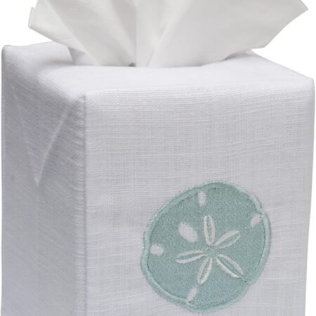 Square Linen Cotton Fabric Tissue Box Cover Decorative Cloth Tissue Holder Cube Cover with Beach Pattern for Bathroom Bedroom Office Aqua
