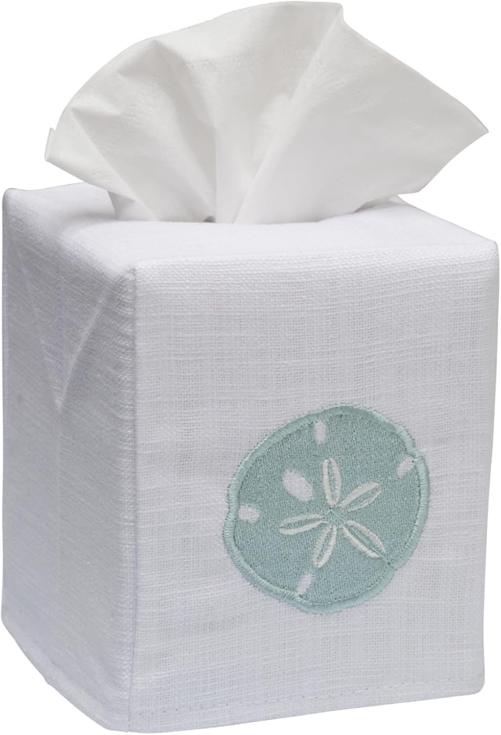 Square Linen Cotton Fabric Tissue Box Cover Decorative Cloth Tissue Holder Cube Cover with Beach Pattern for Bathroom Bedroom Office Aqua