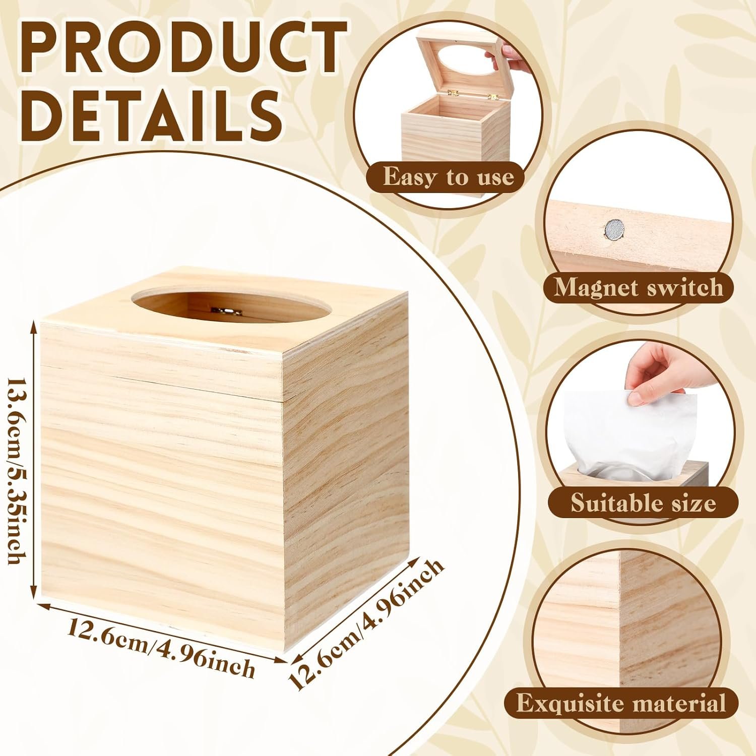 Wooden Square Tissue Box Cover Unfinished Tissue Holder with Flip Opening Top Decorative Storage Box for Bathroom Home Crafts - Image 2