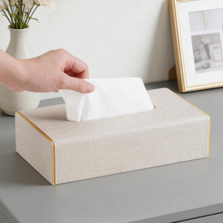 Rectangle Linen Tissue Box Cover PU Leather Tissue Holder with Bottom Design for Bathroom Nightstand Office Desk Car