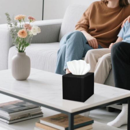 Black Square PU Leather Tissue Box Cover with Magnetic Bottom Decorative Cube Tissue Holder for Bathroom Living Room Office Car