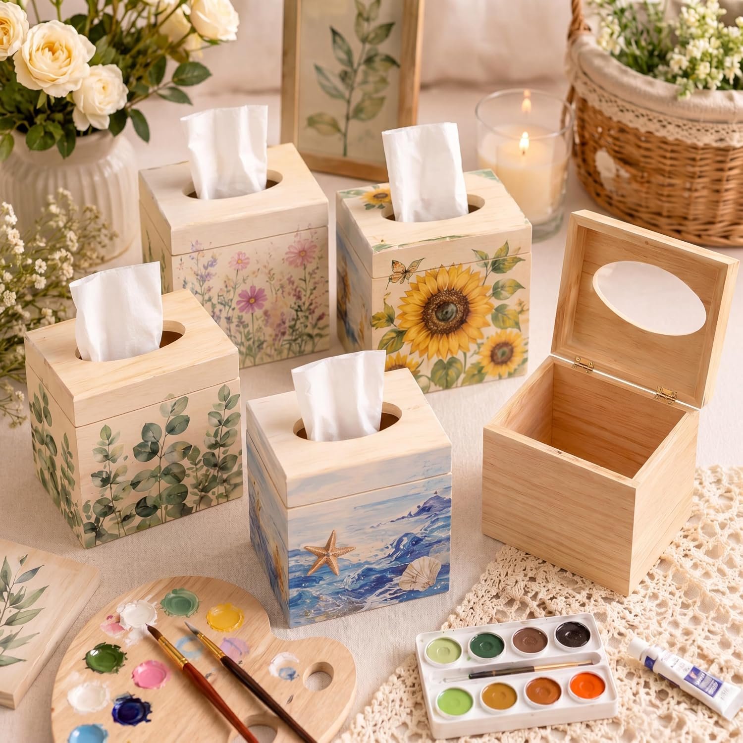 Wooden Square Tissue Box Cover Unfinished Tissue Holder with Flip Opening Top Decorative Storage Box for Bathroom Home Crafts